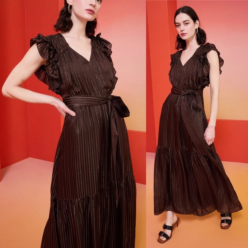 Marie Oliver Silk Noella Dress – Java/Golden Metallic NWT Size XS